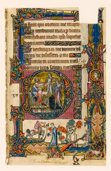 Saül envoyant Doeg tuer les prêtres de Nob, initiale historiée du Psautier de Macclesfield, Usage de Sarum, East Anglia, vers 1330