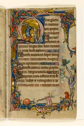 Doeg tuant les prêtres de Nob, initiale historiée du Psautier de Macclesfield, Usage de Sarum, East Anglia, vers 1330