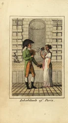 Homme et femme de Paris devant une fontaine