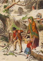 Homme brisant la glace sur un étang gelé (lithographie couleur)