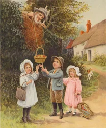 Homme descendant un panier de fruits aux enfants