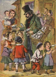 Homme vendant des agneaux en peluche (lithographie couleur)