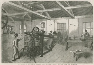 Fabrication du câble sous-marin atlantique aux travaux de Glass Elliott et Co., East Greenwich