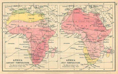 Carte : Afrique, température en janvier, température en juillet (lithographie couleur)