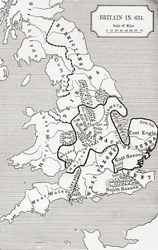 Carte de la Bretagne en 634, tirée de « The Northumbrian Kingdom 588 to 685 » dans « A Short History of the English People » de J. R. Green, publié en 1893