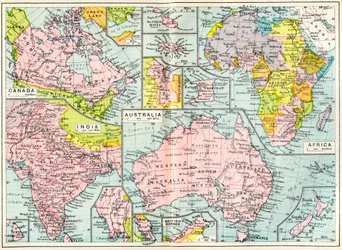 Carte des possessions britanniques en 1914 au début de la Première Guerre mondiale, tirée du Dictionnaire illustré moderne des universités britanniques, publié en 1914