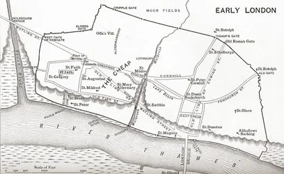 Carte de Londres au XIe siècle, tirée de « A Short History of the English People » de J. R. Green, publiée en 1893