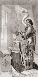Marguerite de Danemark avec Saint Canute, patron du Danemark, derrière elle tenant une bannière montrant la croix des croisades