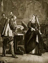 Marie Stuart signe son abdication, juillet 1567, illustration de Hutchinsons Story of the British Nation, c.1923