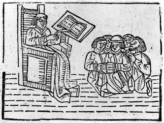 Maître et élèves, c.1481 (gravure sur bois)