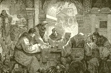 Culture médiévale - Moines dans un couvent illuminant et transcrivant des livres