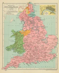Angleterre et Pays de Galles médiévaux vers 1399 (lithographie couleur)
