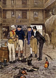 Les membres du club Pickwick rencontrent Sam Willer. Illustration des œuvres de Charles Dickens (1812-1870) de l