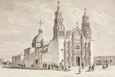 Cathédrale métropolitaine sur la Plaza de Armas, Chihuahua, Mexique au XIXe siècle (lithographie)