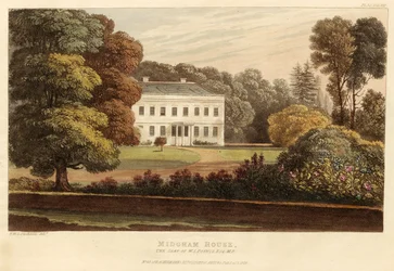 Midgham House, la résidence de W.S. Poyntz, Esq., M.P., pub. 1826 (gravure en couleur)