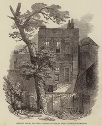 Maison de Milton, et arbre planté par lui, à Petty France, Westminster (gravure)