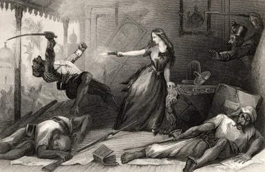 Mlle Wheeler se défendant contre des cipayes à Cawnpore en 1857, tiré de « The History of the Indian Mutiny », publié en 1858
