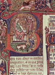 Initiale historiée B du Psautier de Peterborough représentant le roi David jouant de la harpe, anglais, vers 1310-20