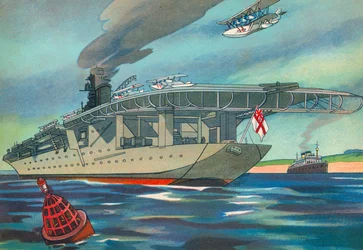 Porte-avions moderne (lithographie couleur)