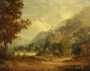 Paysage de montagne avec église et ferme