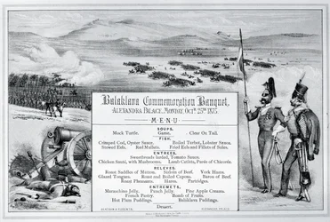 Menu illustré monté pour le Banquet de Commémoration de Balaklava tenu au Palais Alexandra, 25 octobre 1875