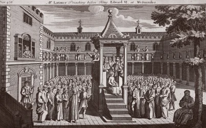 M. Latimer prêchant devant le roi Édouard VI à Westminster, illustration des Martyrs de Foxe vers 1703