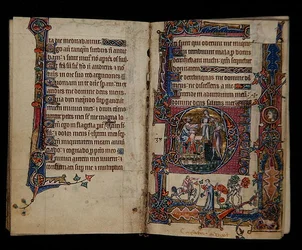 Ms 1-2005, ff.57v-58r : Saül envoyant Doeg tuer les prêtres de Nob, initiale historiée du Psautier de Macclesfield, Usage de Sarum, East Anglia, vers 1330