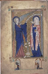 Ms 242 Folio 2v, Annonciation à la Vierge, des Heures Grey-Fitzpayne