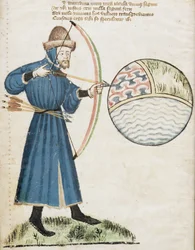 Archer tirant sur un globe, de Vox Clamatis par John Gower (1330-1408)