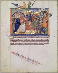 Le Guerrier Divin menant une armée contre ceux qui attaquent les fidèles, du Gulbenkian Apocalypse, c.1265-70