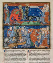 Ms R.16.2 f.14b La mise à mort de la bête à sept têtes, tirée de l