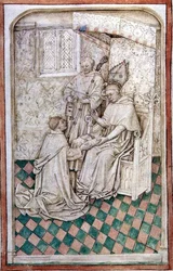 Ms R 14.5 f.8v Thomas Bekynton, évêque de Bath et Wells, reçoit Chaundler, du Missel d