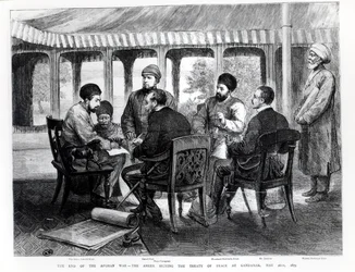 Muhammad Yaqub Khan (1849-1923) signant le traité de paix à Gundamak le 26 mai 1879