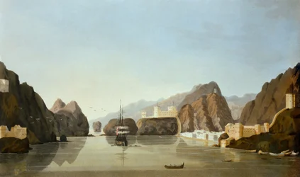 Muscat depuis le port avec une frégate britannique au mouillage, de Seize vues de lieux dans le golfe Persique, par le lieutenant R. Temple, publié en 1813