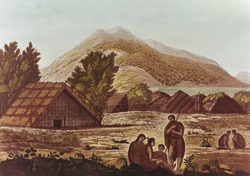 Autochtones, avec huttes et montagnes derrière, gravé par F. Fumagalli