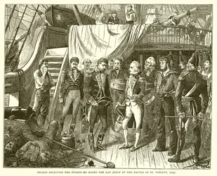 Nelson recevant les épées à bord du San Josef à la bataille de Saint-Vincent, 1797