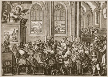 Oliver Cromwell prêchant à une congrégation puritaine, illustration de The Church of England: A History for the People par H.D.M. Spence-Jones