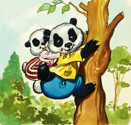Pandas grimpant à un arbre