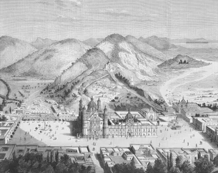 Vue panoramique de la Basilique de Guadalupe, Mexico, années 1880 (gravure)
