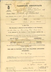 Certificat de passager pour le bateau à vapeur The Maid of Athens