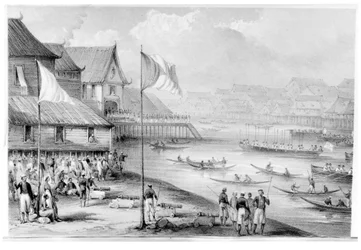 Pax Britannica arrive dans un village de Bornéo, frontispice du Volume 2 Narrative of Events in Borneo and Celebes, Down to the Occupation of Labuan par Rodney Mundy, 1848