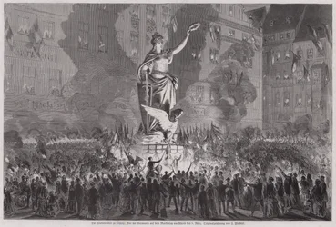 Célébrations de la paix devant la statue de Germania sur la place du marché de Leipzig, Allemagne, le soir du 5 mars 1870