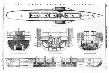 Plan et sections transversales du navire à vapeur Great Eastern, 1857