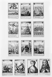 Cartes à jouer avec des personnages et des scènes du début du 18ème siècle