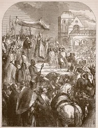 Le pape Urbain II prêchant la Première Croisade sur la place du marché de Clermont, 1096, illustration de Cassells Illustrated History of England