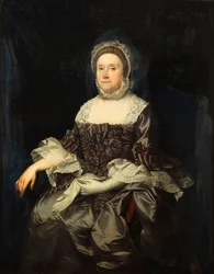 Portrait de Deborah Worsley de Platt, assise en trois-quarts, dans une robe mauve avec un col et des poignets en dentelle blanche, tenant une paire de gants