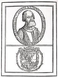 Portrait de Hernado Cortes (1485-1547) et ses armoiries, de 