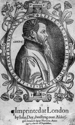 Portrait de John Day, frontispice du Livre des Martyrs de Foxe, 1564