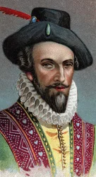 Portrait de Raleigh, Sir Walter (1554-1618). Marin, explorateur et courtier anglais - De la série "Leaders of Men" - Chromolithographie - École anglaise, XXe siècle