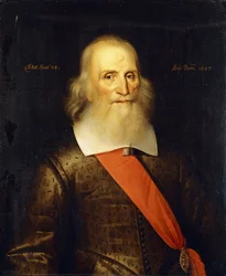 Portrait de Sir Oliver Cromwell, âgé de 84 ans, mi-longueur, en doublet brodé avec un col blanc et une écharpe rouge